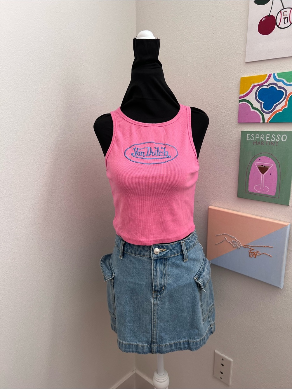 Y2K Von Dutch Hot Pink Embroidered Logo Crop Tank Top